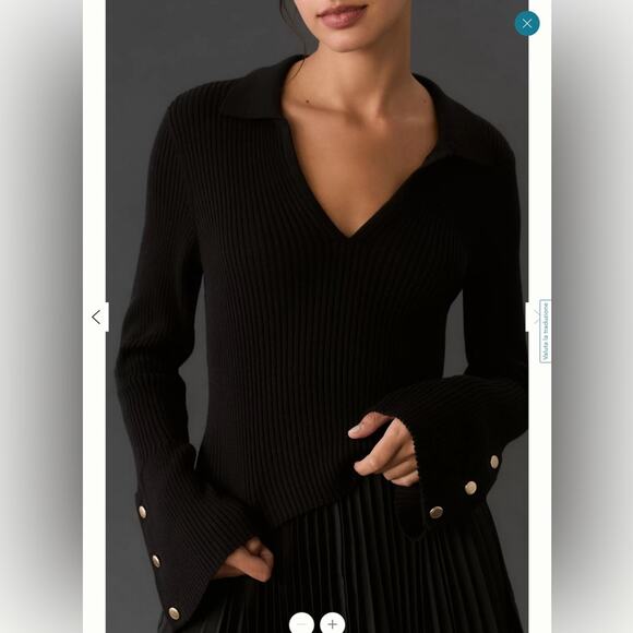 ANTHROPOLOGIE Maeve Black V-Neck Bell Sleeve Sweater Gold Button Size XXS NEW - Picture 3 of 10